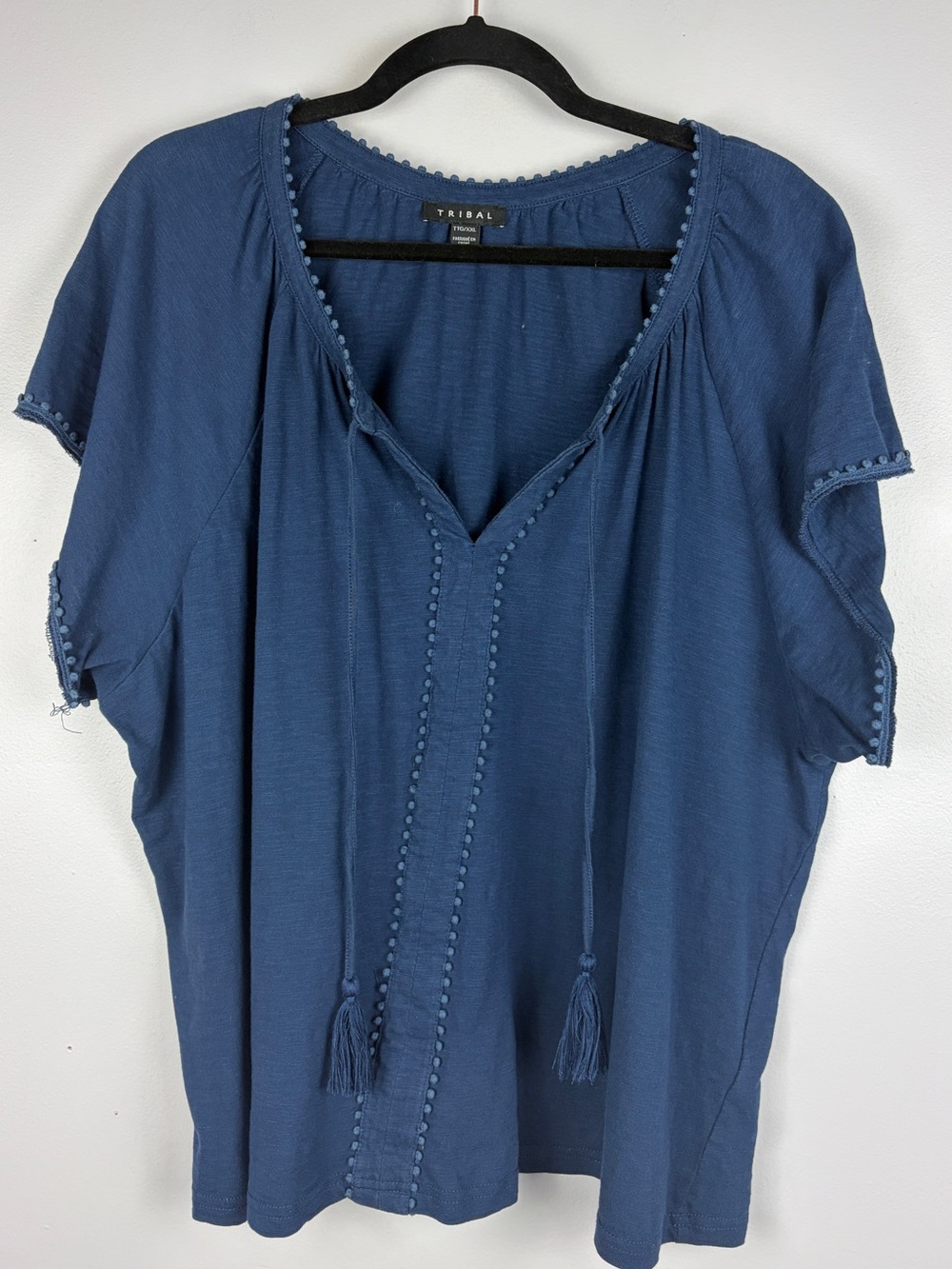 Tribal Navy Blue Cotton Boho Tassel Pom Pom Top XXL Coastal